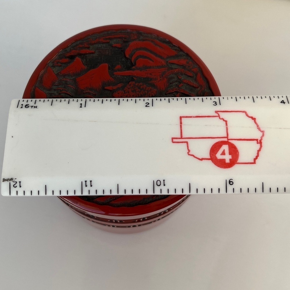 Vintage Chinese Cinnabar Lacquer Tea Caddy Jar with Spoon Red Carved Lid - Picture 12 of 15